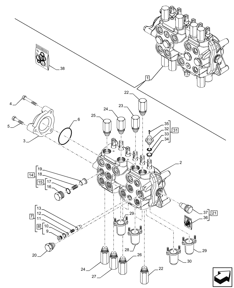 Схема запчастей Case 580N - (35.359.295) - 6-SPOOL, BACKHOE CONTROL VALVE, STANDARD DIPPER, FOOT SWING, BRAZIL, W/ 2 LEVER CONTROLS, COMPONENTS (35) - HYDRAULIC SYSTEMS