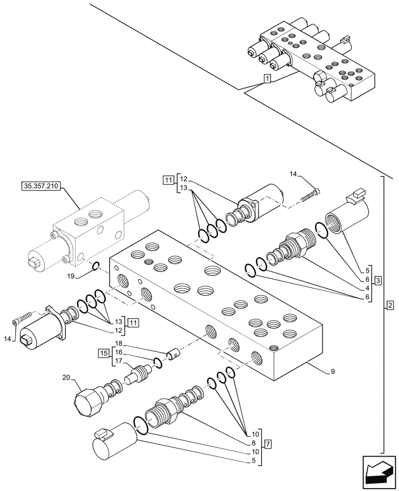 Схема запчастей Case 580SN WT - (35.357.200) - 7-SPOOL, PRESSURE CONTROL VALVE, W/ PILOT CONTROLS, COMPONENTS (35) - HYDRAULIC SYSTEMS