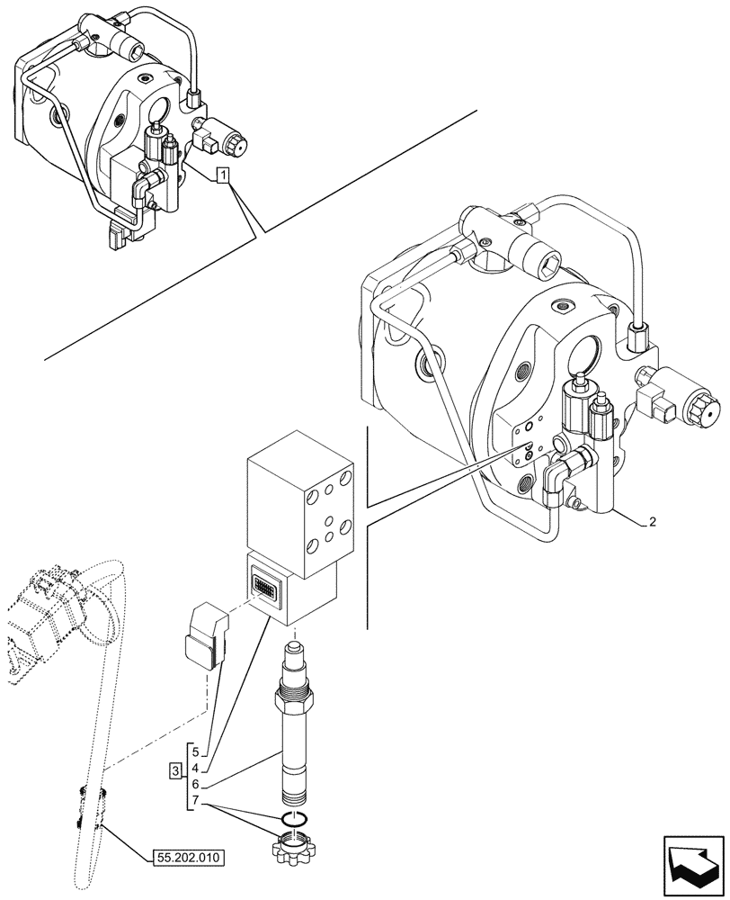 Схема запчастей Case 580SN - (55.202.030) - VARIABLE DISPLACEMENT HYDRAULIC PUMP, COLD START, VALVE, (W/O POWER LIFT, W/ DUAL BATTERIES) (55) - ELECTRICAL SYSTEMS