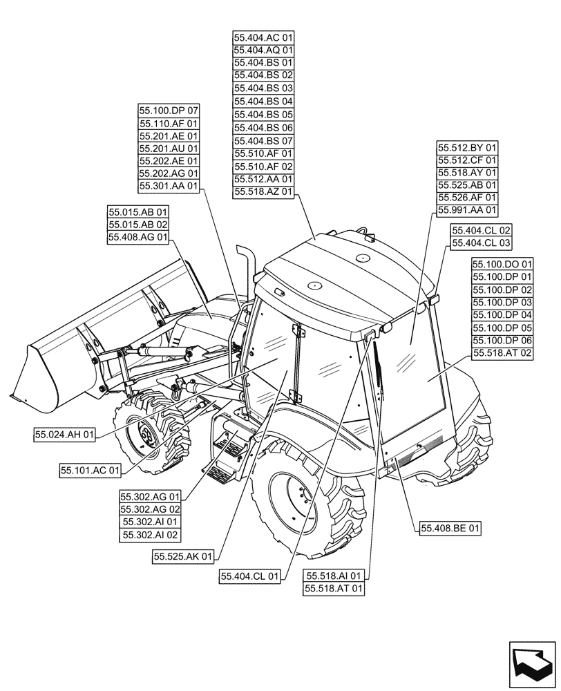 Схема запчастей Case 570N EP - (55.000.00) - SECTION INDEX - ELECTRICAL SYSTEMS, 4WD (55) - ELECTRICAL SYSTEMS