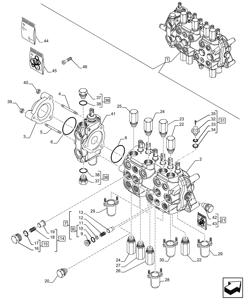 Схема запчастей Case 580N - (35.359.305) - 7-SPOOL, BACKHOE CONTROL VALVE, EXTENDABLE DIPPER, HAND SWING, BRAZIL, W/ 2 LEVER CONTROLS, COMPONENTS (35) - HYDRAULIC SYSTEMS