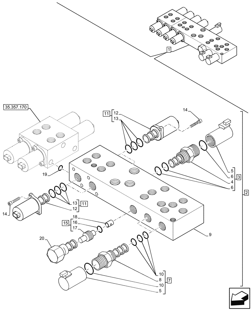 Схема запчастей Case 580SN - (35.357.160) - 8-SPOOL, PRESSURE CONTROL VALVE, EXTANDABLE DIPPER, W/ PILOT CONTROLS, W/ DOUBLE AUXILIARY HYDRAULIC, COMPONENTS (35) - HYDRAULIC SYSTEMS