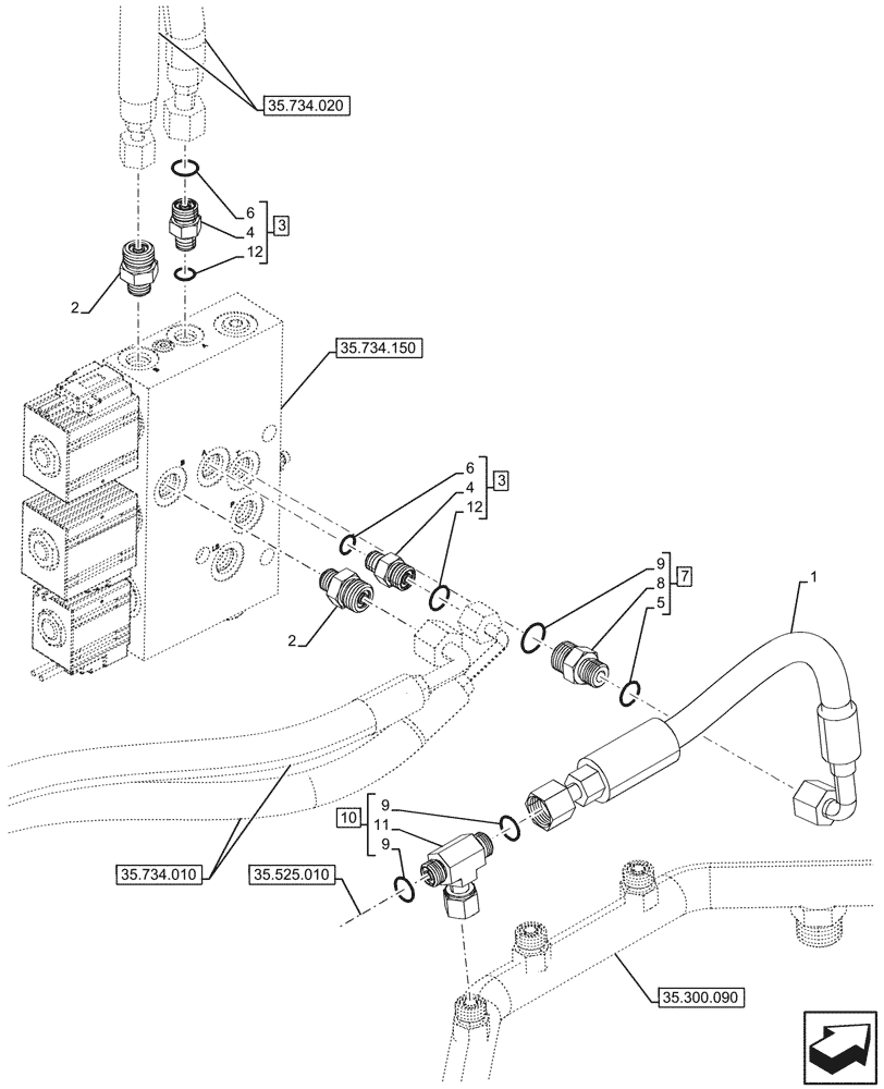 Схема запчастей Case 590SN - (35.734.170) - DOUBLE, QUICK COUPLER, VALVE, HYDR LINES (35) - HYDRAULIC SYSTEMS