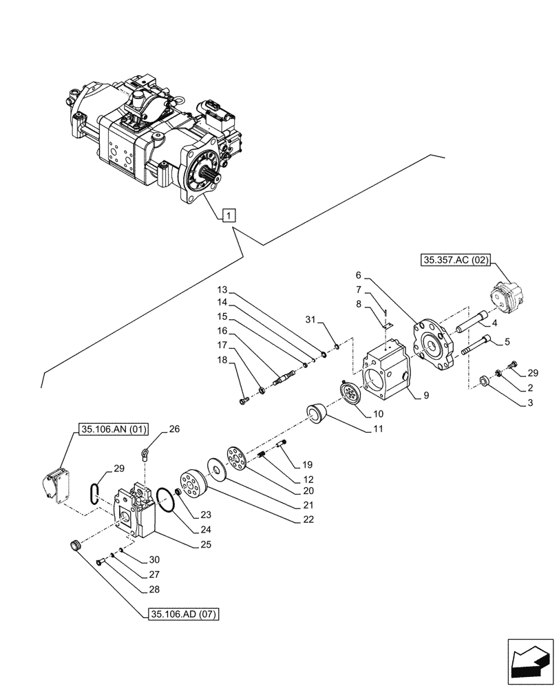 Схема запчастей Case CX210D LC LR - (35.106.AD[06]) - VAR - 461863, 461864 - VARIABLE DELIVERY HYDRAULIC PUMP, CLAMSHELL BUCKET, ROTATION, W/ ELECTRICAL PROPORTIONAL CONTROL, COMPONENTS (35) - HYDRAULIC SYSTEMS