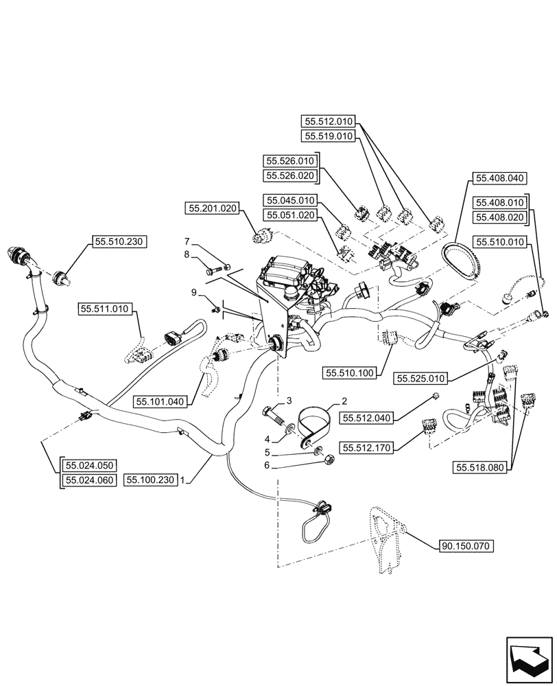 Схема запчастей Case 580N EP - (55.510.180) - CANOPY, POWERSHUTTLE, TRANSMISSION, RIGHT SIDE, CONSOLE, HARNESS (55) - ELECTRICAL SYSTEMS