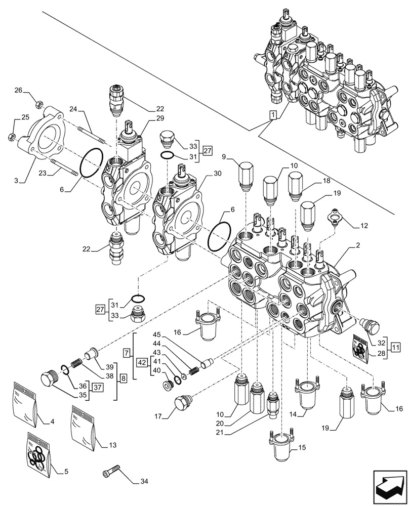 Схема запчастей Case 580N - (35.359.560) - 8-SPOOL, BACKHOE CONTROL VALVE, EXTANDABLE DIPPER, HAND SWING, W/ 2 LEVER CONTROLS, W/ DOUBLE AUXILIARY HYDRAULIC, COMPONENTS (35) - HYDRAULIC SYSTEMS