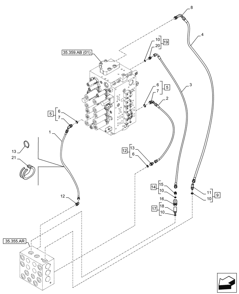 Схема запчастей Case CX210D LC LR - (35.355.AC[02]) - JOYSTICK, HYDRAULIC LINE, CONTROL VALVE (35) - HYDRAULIC SYSTEMS