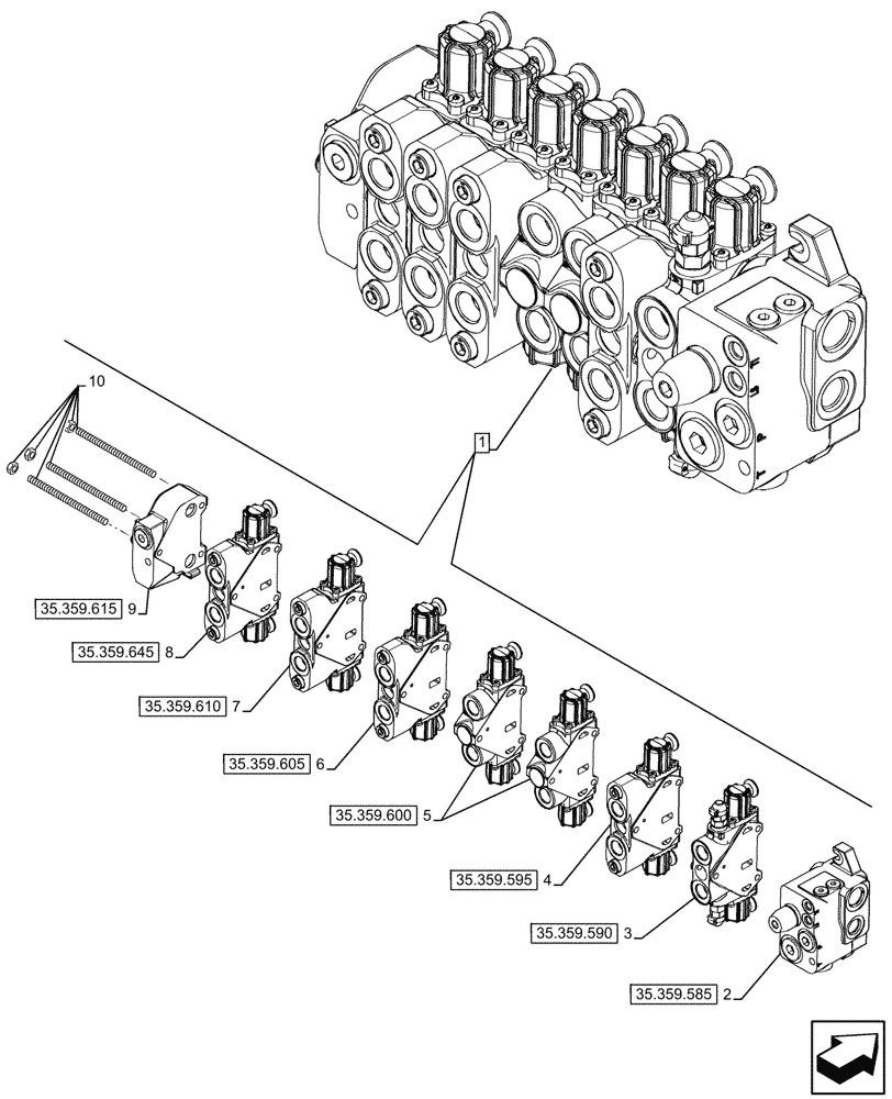 Схема запчастей Case 590SN - (35.359.640) - 7-SPOOL, BACKHOE CONTROL VALVE, EXTENDABLE DIPPER, W/ PILOT CONTROLS, COMPONENTS (35) - HYDRAULIC SYSTEMS