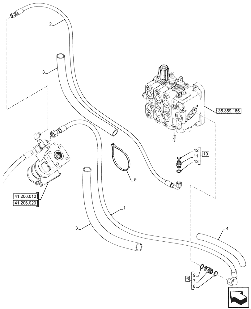 Схема запчастей Case 590SN - (41.200.100) - LOADER, CONTROL VALVE, PILOT CONTROLS, 3-SPOOL, STEERING VALVE, LINE (41) - STEERING