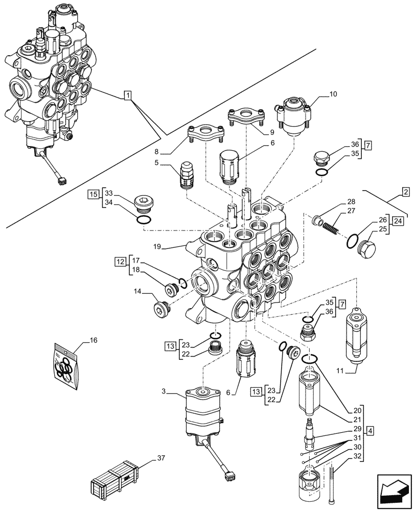 Схема запчастей Case 580N - (35.359.045) - LOADER, CONTROL VALVE, MECHANICAL, 3-SPOOL, COMPONENTS (35) - HYDRAULIC SYSTEMS