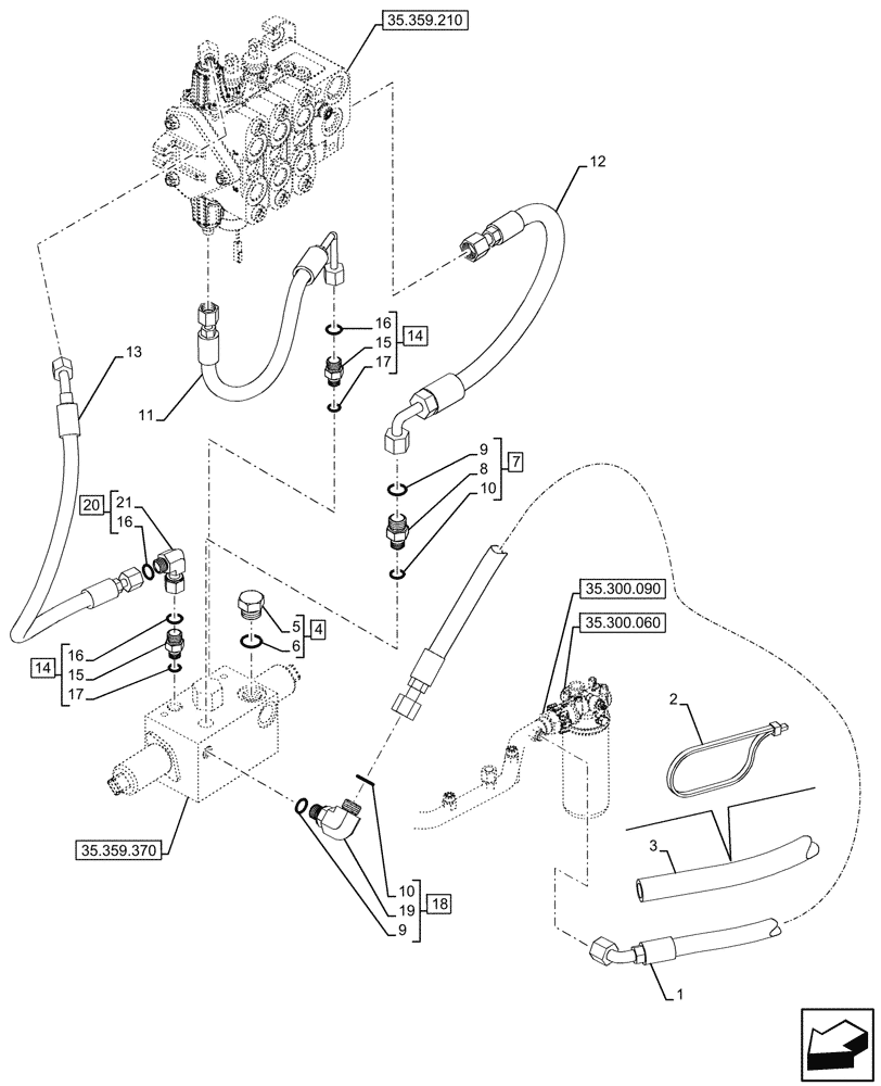 Схема запчастей Case 580SN WT - (35.359.405) - VAR - 747776, 747864 - LOADER, AUXILIARY CONTROL VALVE, OIL FILTER, LINE (35) - HYDRAULIC SYSTEMS