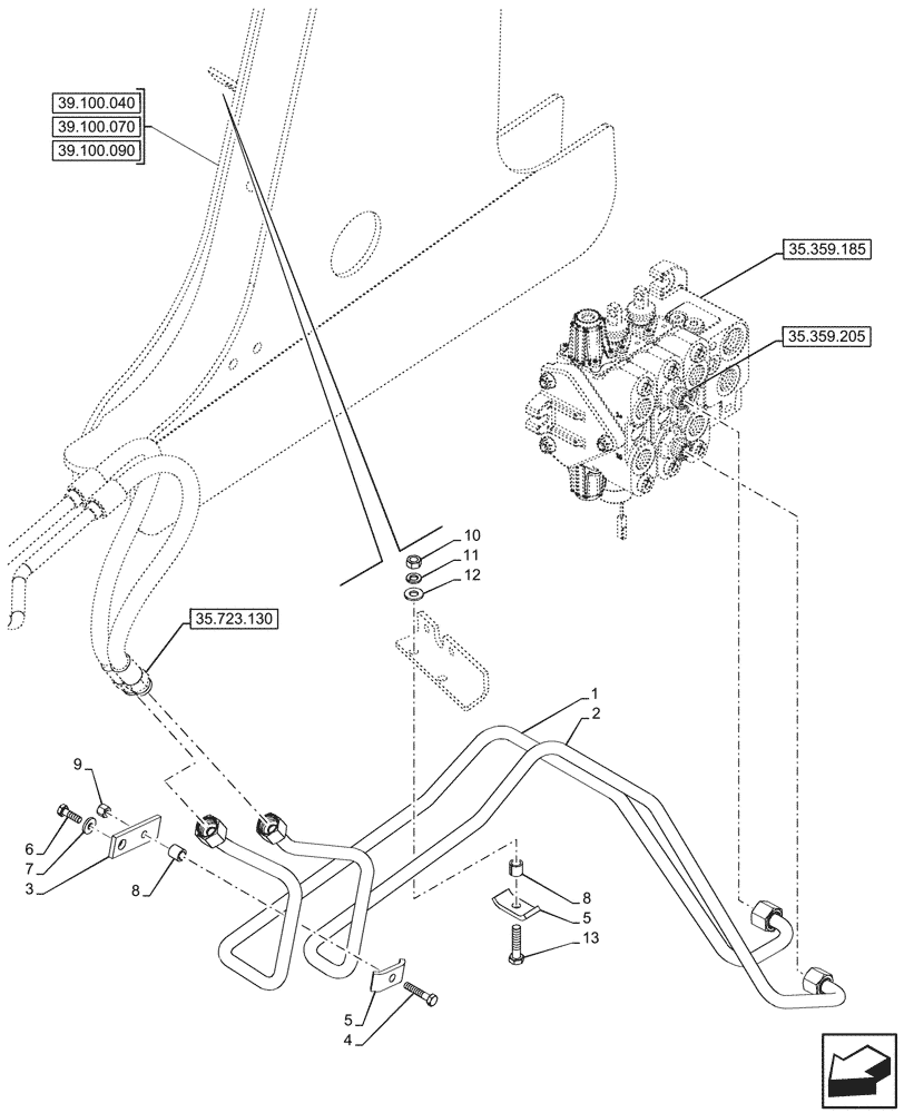 Схема запчастей Case 590SN - (35.723.190) - LOADER BUCKET, CYLINDER, LINE, W/ PILOT CONTROLS, 3-SPOOL (35) - HYDRAULIC SYSTEMS