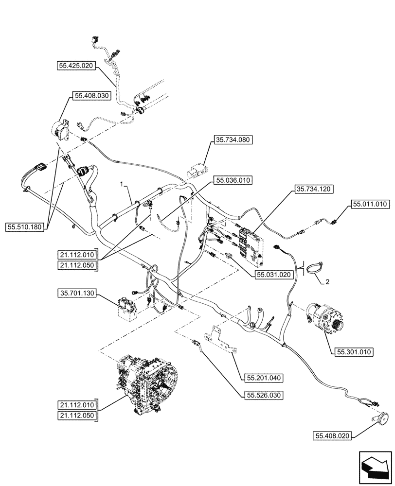 Схема запчастей Case 580N EP - (55.101.080) - CAB, POWERSHUTTLE, TRANSMISSION, CHASSIS, HARNESS, W/ OPT (55) - ELECTRICAL SYSTEMS