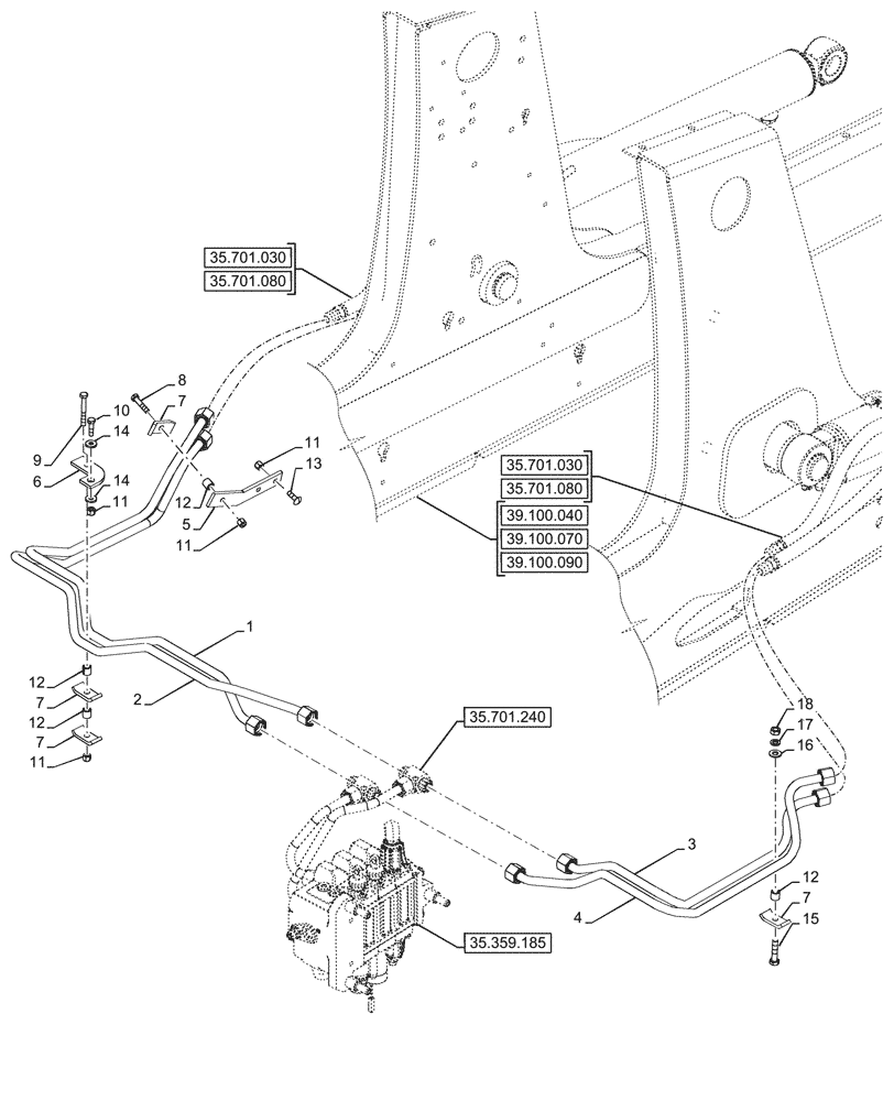 Схема запчастей Case 590SN - (35.701.320) - LOADER ARM, CYLINDER, LINE, W/ PILOT CONTROLS, 3-SPOOL (35) - HYDRAULIC SYSTEMS