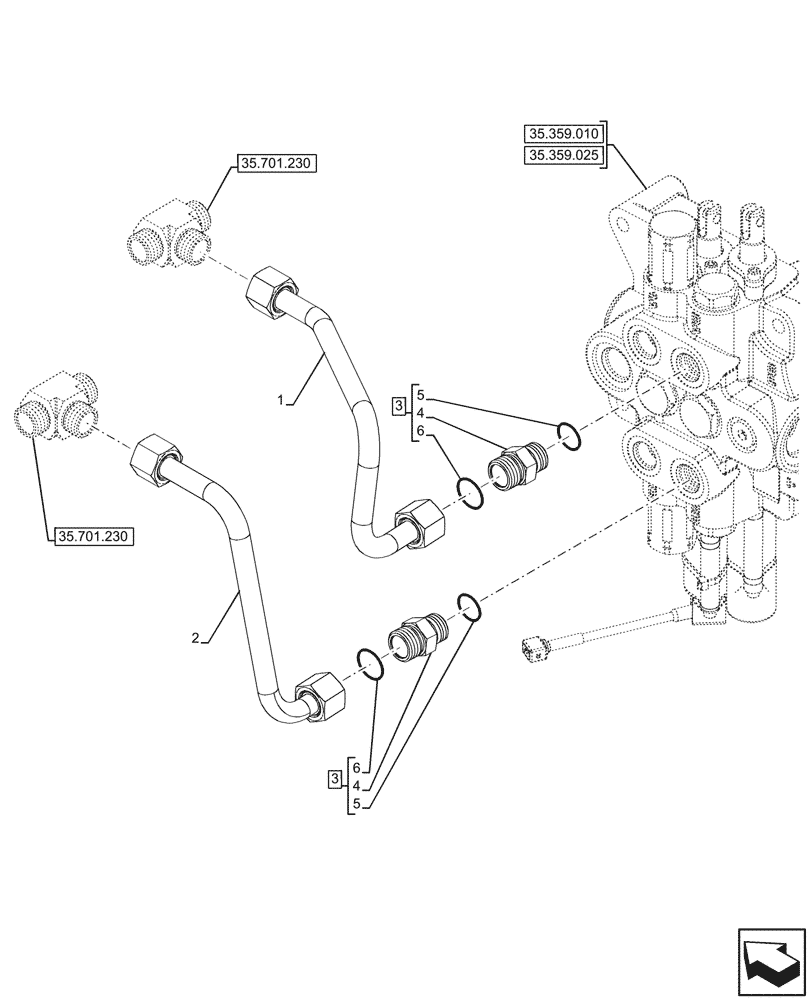 Схема запчастей Case 580N - (35.701.430) - LOADER, CONTROL VALVE, 2-SPOOL, LINES (35) - HYDRAULIC SYSTEMS