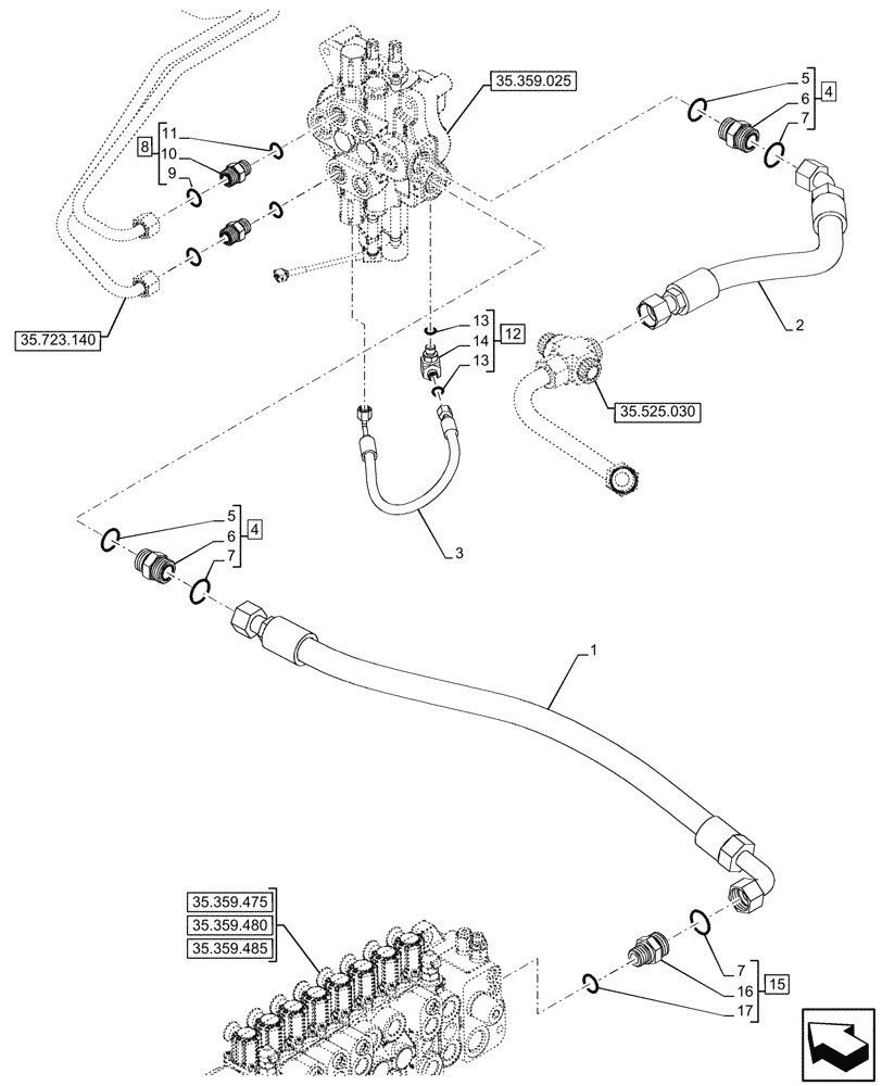 Схема запчастей Case 580N - (35.359.035) - LOADER, CONTROL VALVE, PILOT CONTROLS, LINES (35) - HYDRAULIC SYSTEMS