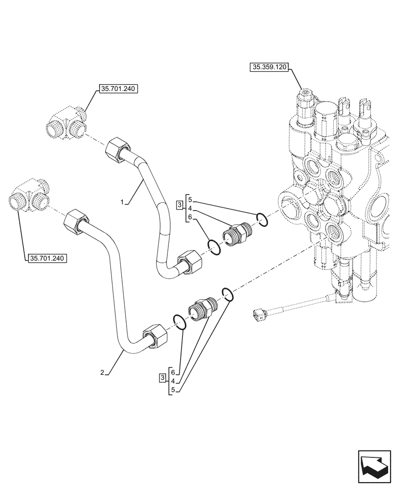 Схема запчастей Case 580SN - (35.701.460) - LOADER, CONTROL VALVE, 2-SPOOL, MECHANICAL, W/O RIDE CONTROL, LINES (35) - HYDRAULIC SYSTEMS