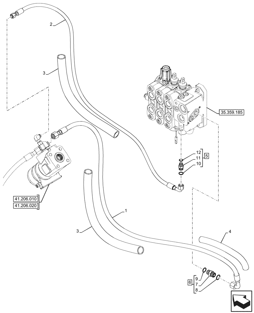 Схема запчастей Case 590SN - (41.200.100) - LOADER, CONTROL VALVE, PILOT CONTROLS, 3-SPOOL, STEERING VALVE, LINE (41) - STEERING