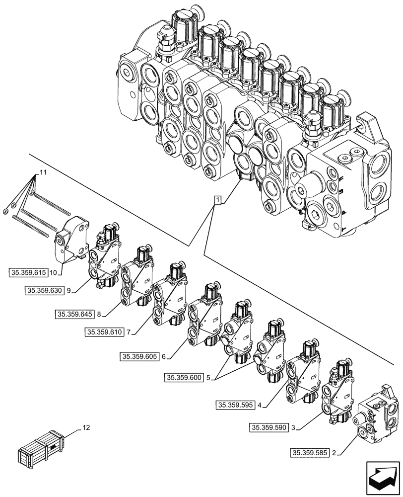 Схема запчастей Case 590SN - (35.359.655) - 8-SPOOL, BACKHOE CONTROL VALVE, EXTENDABLE DIPPER, W/ PILOT CONTROLS, COMPONENTS (35) - HYDRAULIC SYSTEMS