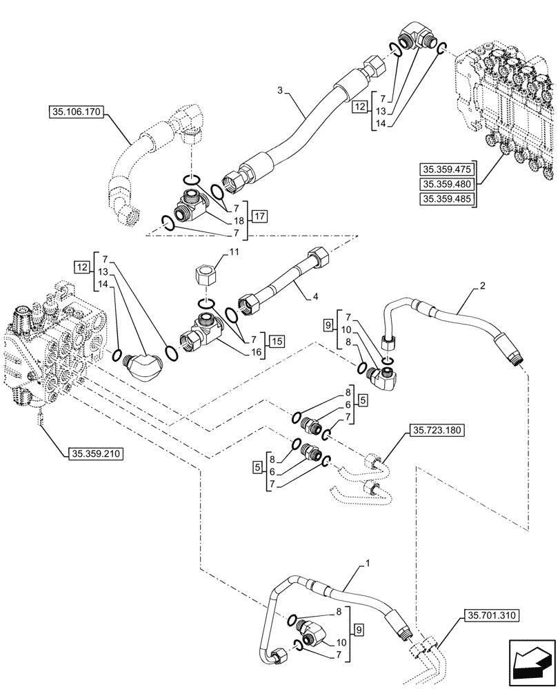 Схема запчастей Case 590SN - (35.359.245) - VAR - 747864 - LOADER, BACKHOE, CONTROL VALVE, AUXILIARY, LINES (35) - HYDRAULIC SYSTEMS