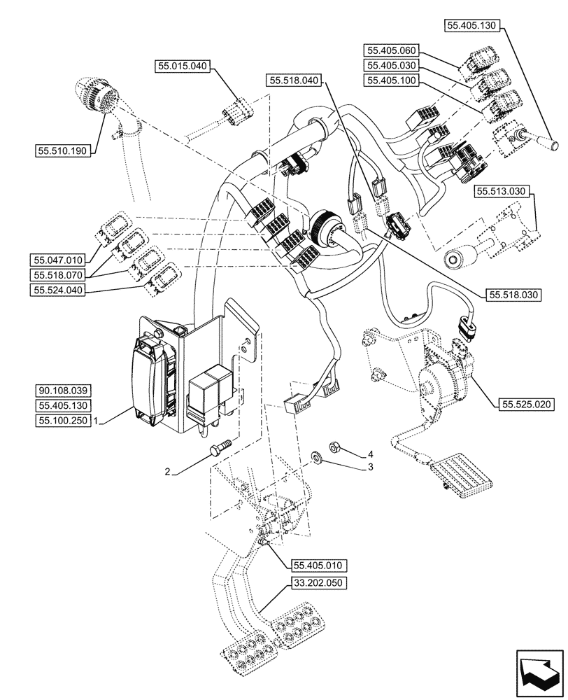 Схема запчастей Case 580N EP - (55.510.220) - CAB, POWERSHUTTLE, TRANSMISSION, FRONT CONSOLE, HARNESS W/ OPT (55) - ELECTRICAL SYSTEMS