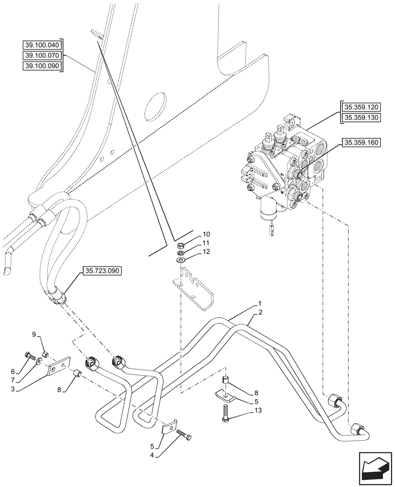 Схема запчастей Case 590SN - (35.723.170) - LOADER BUCKET, CYLINDER, LINE, W/ PILOT CONTROLS, 2-SPOOL (35) - HYDRAULIC SYSTEMS