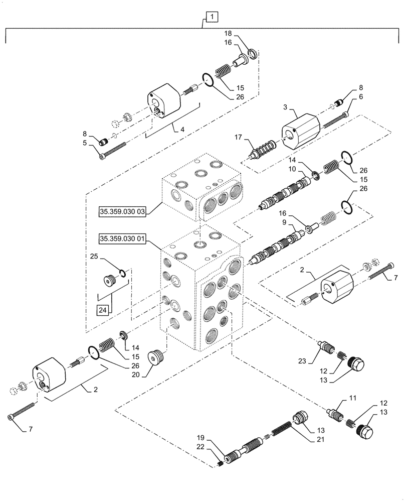 Схема запчастей Case 521G - (35.359.030[02]) - VAR - 734053, 734054 - CONTROL VALVE ASSY - 3 SPOOL, XT / TC (35) - HYDRAULIC SYSTEMS