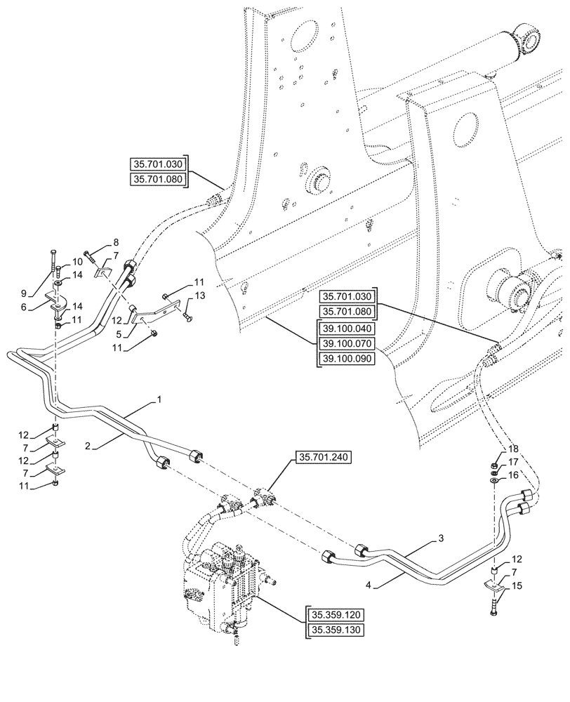 Схема запчастей Case 580SN - (35.701.290) - LOADER ARM, CYLINDER, LINE, W/ PILOT CONTROLS, 2-SPOOL (35) - HYDRAULIC SYSTEMS