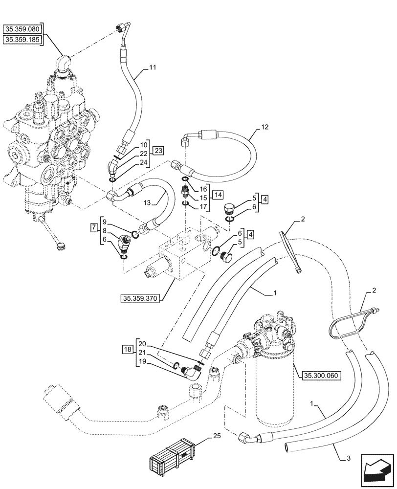 Схема запчастей Case 580SN WT - (35.359.380) - LOADER, AUXILIARY CONTROL VALVE, OIL FILTER, LINE (35) - HYDRAULIC SYSTEMS