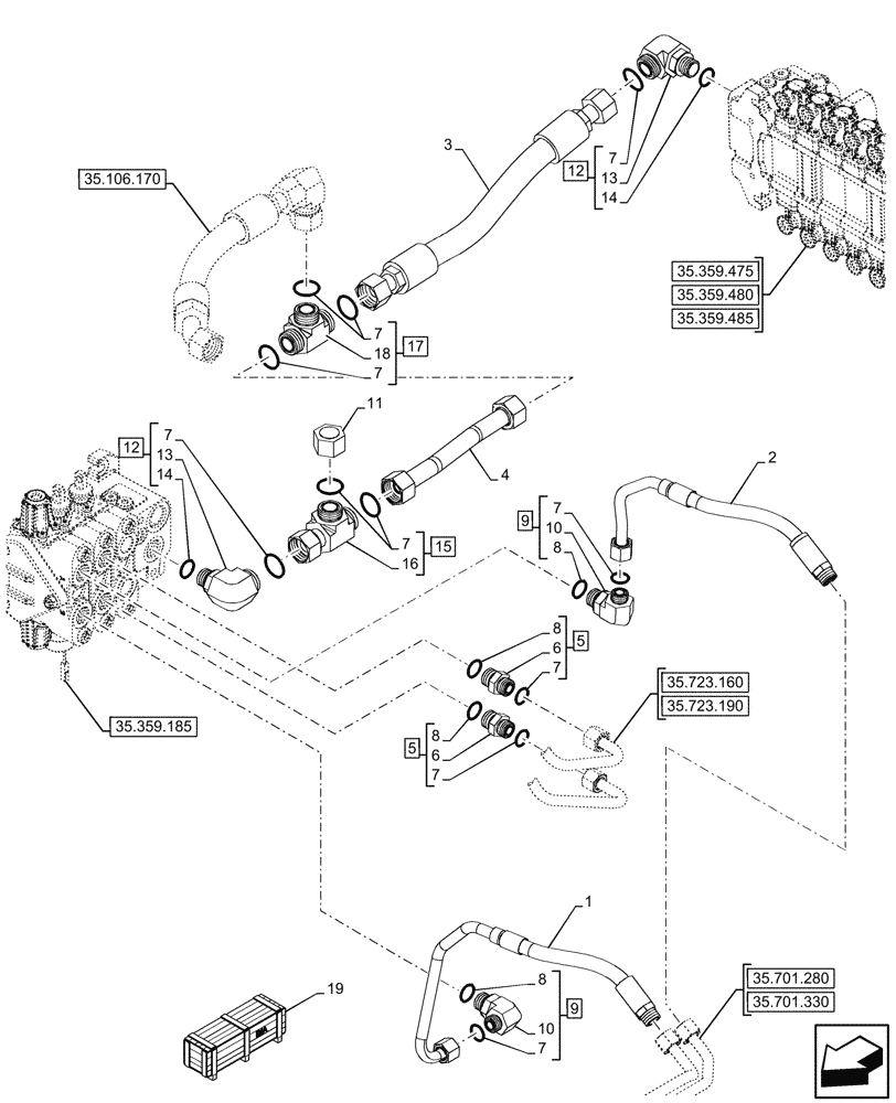 Схема запчастей Case 590SN - (35.359.205) - LOADER, BACKHOE, CONTROL VALVE, AUXILIARY, LINES (35) - HYDRAULIC SYSTEMS