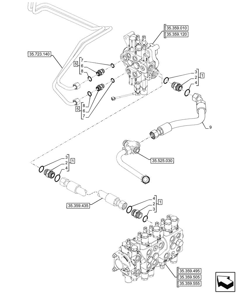 Схема запчастей Case 590SN - (35.359.020) - LOADER, CONTROL VALVE, MECHANICAL, 2-SPOOL, LINES (35) - HYDRAULIC SYSTEMS