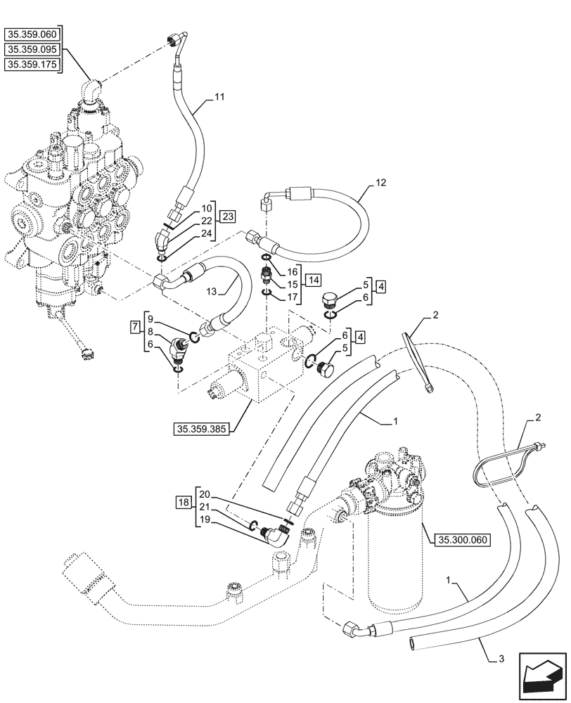 Схема запчастей Case 580SN WT - (35.359.395) - VAR - 747776, 747864 - LOADER, AUXILIARY CONTROL VALVE, OIL FILTER, LINE (35) - HYDRAULIC SYSTEMS