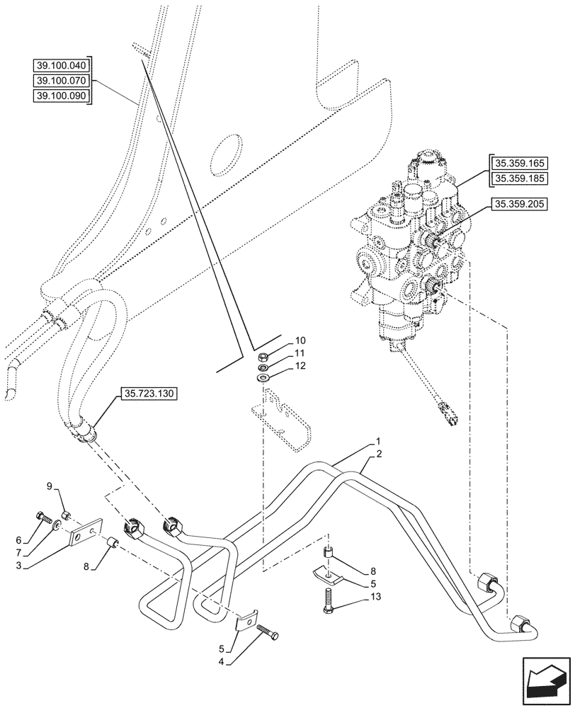 Схема запчастей Case 590SN - (35.723.160) - LOADER BUCKET, CYLINDER, LINE, 3-SPOOL (35) - HYDRAULIC SYSTEMS