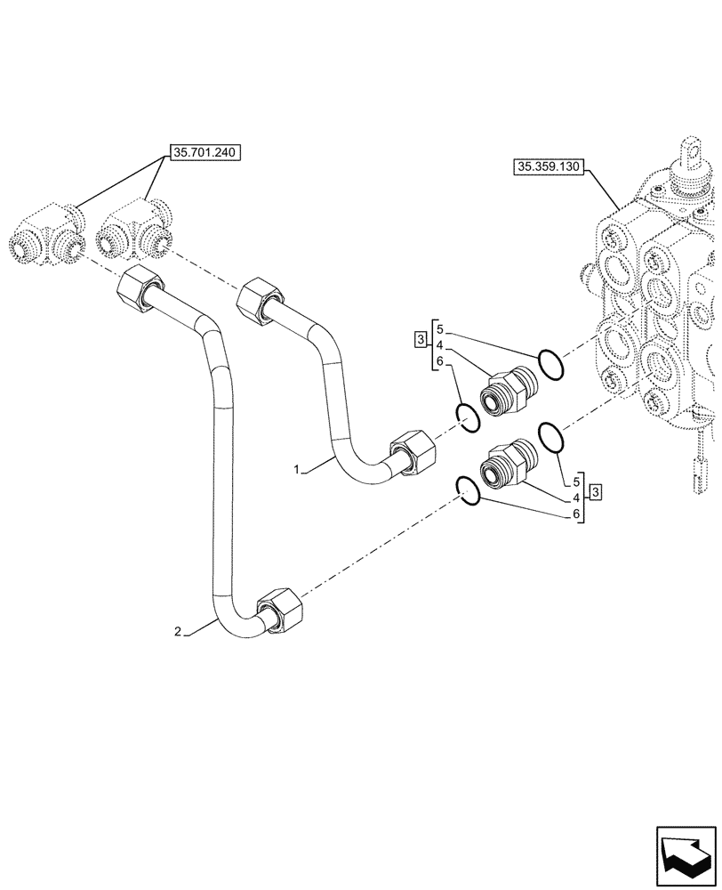 Схема запчастей Case 590SN - (35.701.470) - LOADER, CONTROL VALVE, 2-SPOOL, PILOT CONTROLS, W/O RIDE CONTROL, LINES (35) - HYDRAULIC SYSTEMS