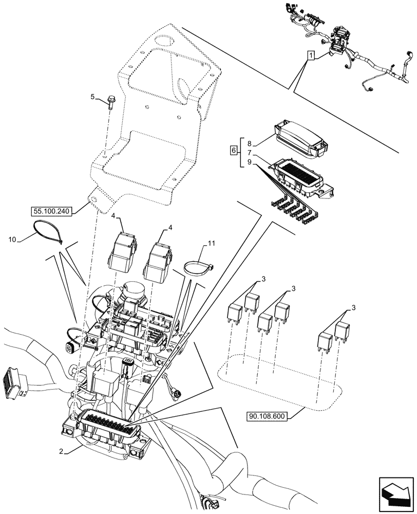 Схема запчастей Case 580N - (55.100.260) - POWERSHUTTLE, TRANSMISSION, SIDE CONSOLE, HARNESS, W/ OPTION, RELAYS, FUSE BOX (55) - ELECTRICAL SYSTEMS