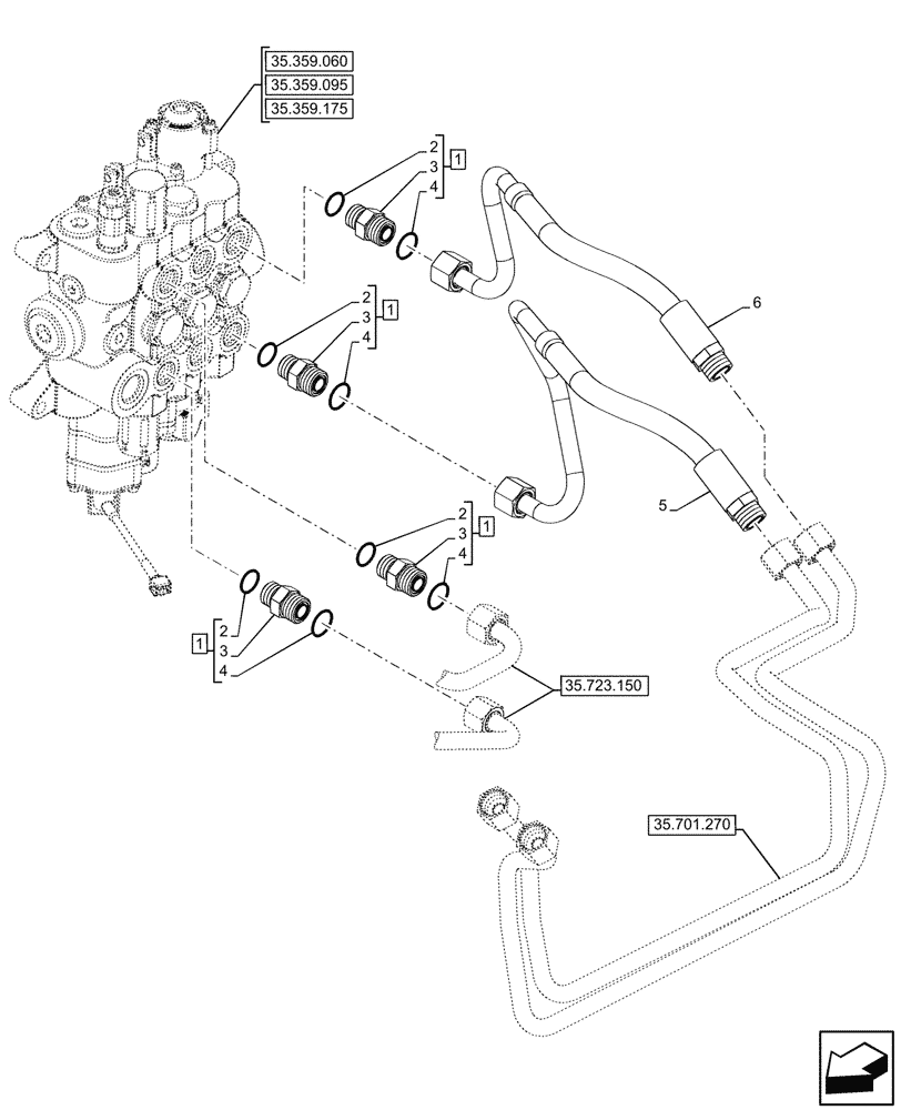 Схема запчастей Case 590SN - (35.359.070) - VAR - 747776, 747864 - LOADER, CONTROL VALVE, MECHANICAL, 3-SPOOL, CYLINDER, LINES (35) - HYDRAULIC SYSTEMS