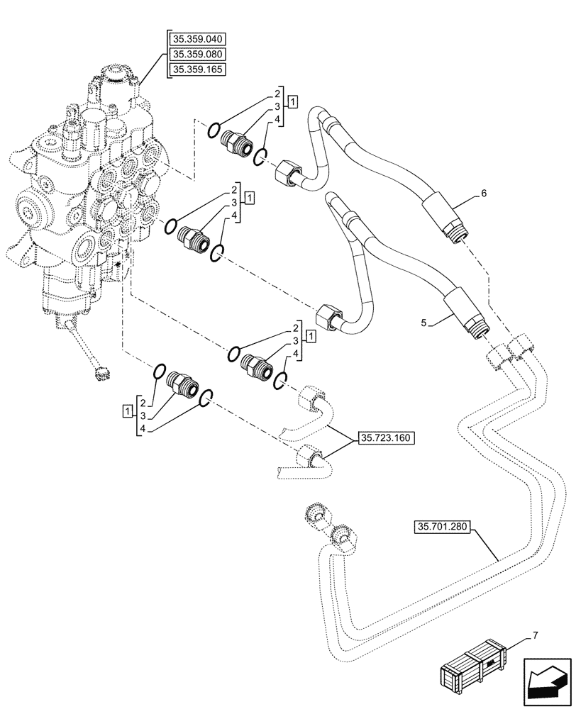 Схема запчастей Case 580SN WT - (35.359.050) - LOADER, CONTROL VALVE, MECHANICAL, 3-SPOOL, CYLINDER, LINES (35) - HYDRAULIC SYSTEMS