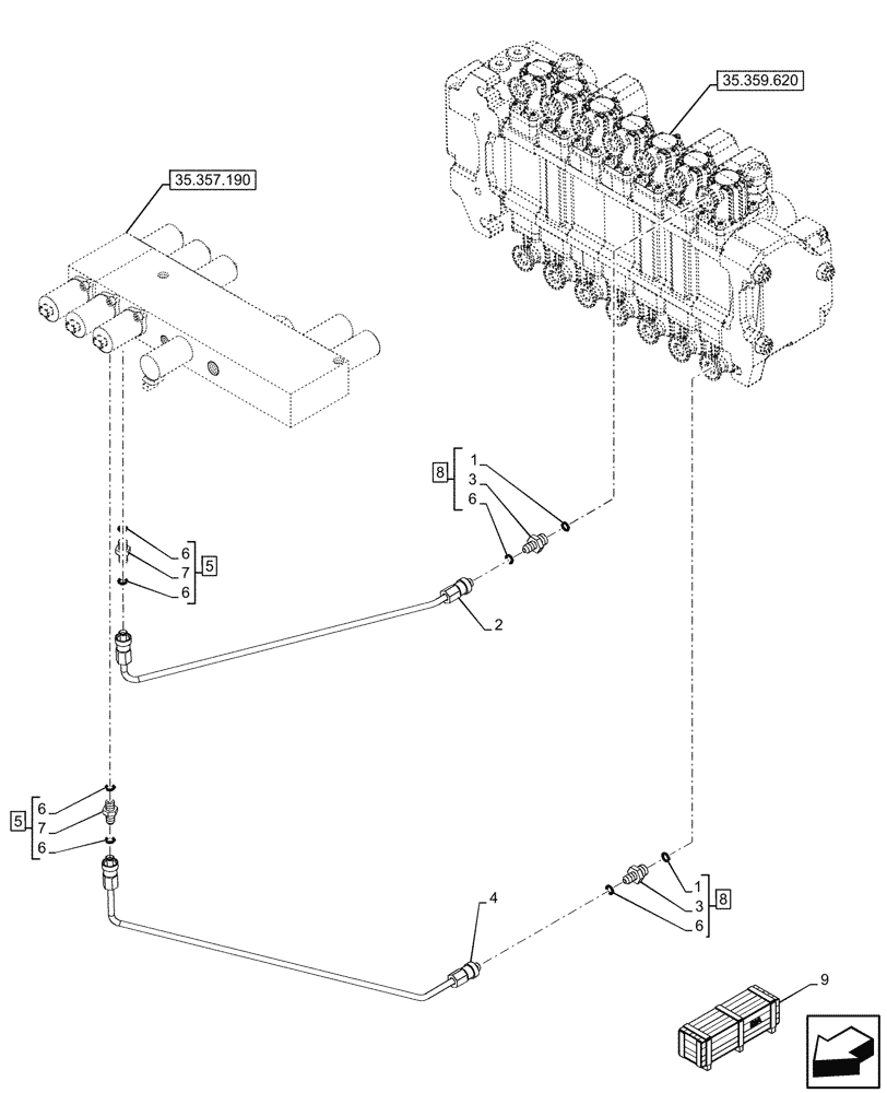 Схема запчастей Case 580SN WT - (35.357.260) - 7-SPOOL, PRESSURE CONTROL VALVE, LINE, STANDARD DIPPER, W/ PILOT CONTROLS, W/DBL AUX (35) - HYDRAULIC SYSTEMS