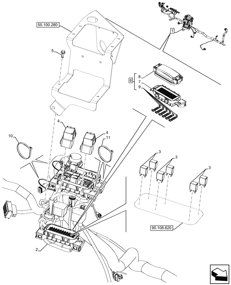 Схема запчастей Case 580N - (55.100.300) - CANOPY, SEMI-POWERSHIFT, TRANSMISSION, SIDE CONSOLE, HARNESS, W/ OPTION, RELAYS, FUSE BOX (55) - ELECTRICAL SYSTEMS