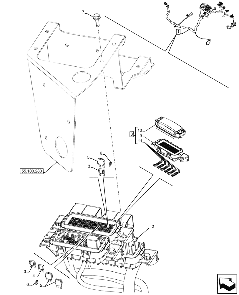 Схема запчастей Case 580N - (55.100.290) - CANOPY, SEMI-POWERSHIFT, TRANSMISSION, SIDE CONSOLE, HARNESS, W/ OPTION, RELAYS, FUSE BOX (55) - ELECTRICAL SYSTEMS