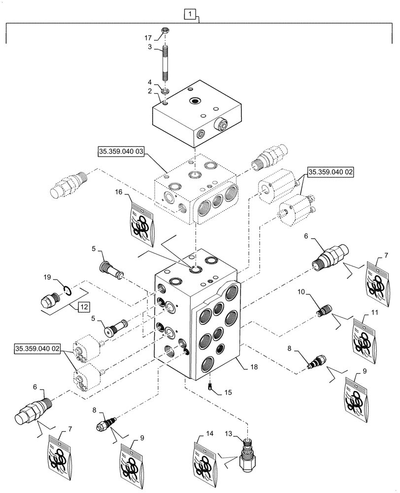 Схема запчастей Case 521G - (35.359.040[01]) - VAR - 734053, 734054 - CONTROL VALVE ASSY - 3 SPOOL, Z-BAR / XR / LR (35) - HYDRAULIC SYSTEMS