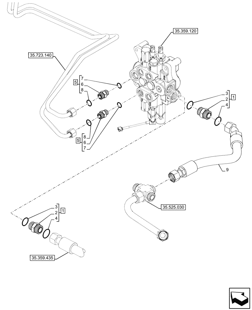 Схема запчастей Case 580SN - (35.359.265) - LOADER, CONTROL VALVE, LINES (35) - HYDRAULIC SYSTEMS