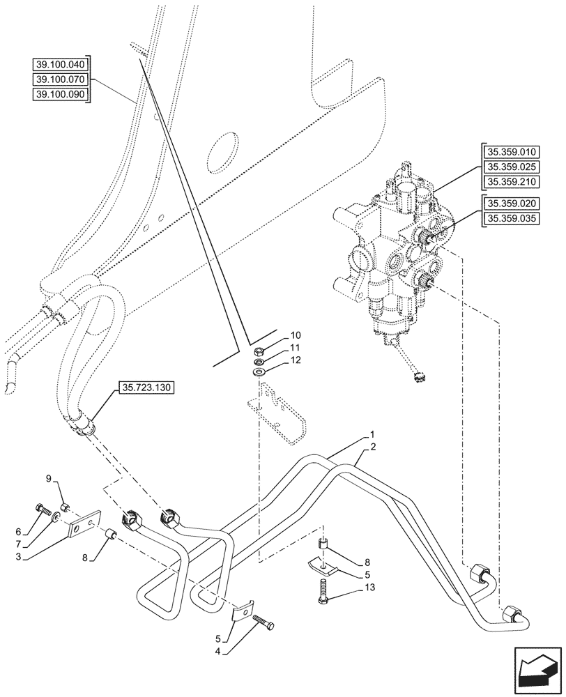 Схема запчастей Case 590SN - (35.723.140) - LOADER BUCKET, CYLINDER, LINE, 2-SPOOL (35) - HYDRAULIC SYSTEMS