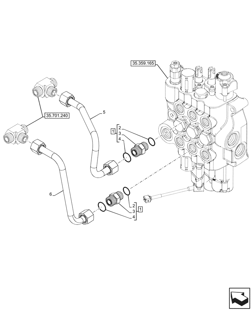 Схема запчастей Case 590SN - (35.701.480) - LOADER, CONTROL VALVE, 3-SPOOL, MECHANICAL, W/O RIDE CONTROL, LINES (35) - HYDRAULIC SYSTEMS