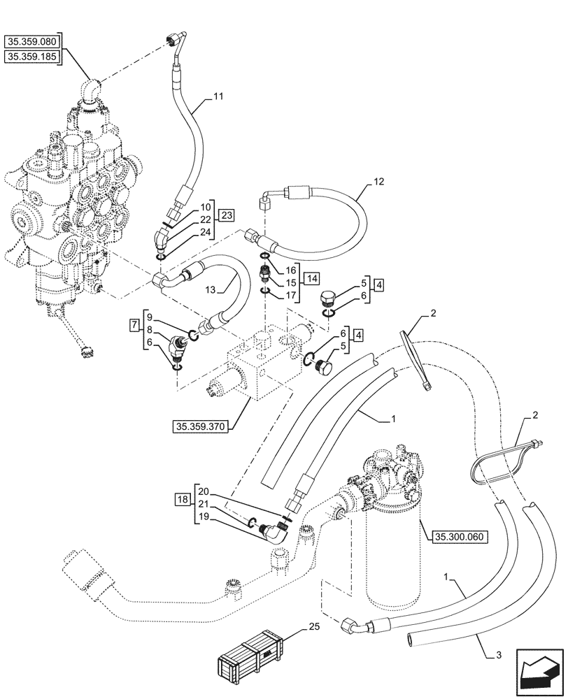 Схема запчастей Case 590SN - (35.359.380) - LOADER, AUXILIARY CONTROL VALVE, OIL FILTER, LINE (35) - HYDRAULIC SYSTEMS