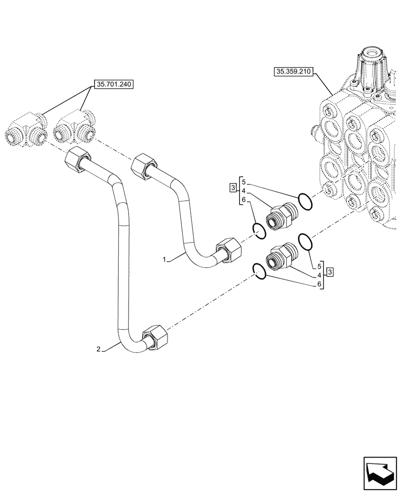 Схема запчастей Case 590SN - (35.701.510) - VAR - 747864 - LOADER, CONTROL VALVE, 3-SPOOL, PILOT CONTROLS, W/O RIDE CONTROL, LINES (35) - HYDRAULIC SYSTEMS
