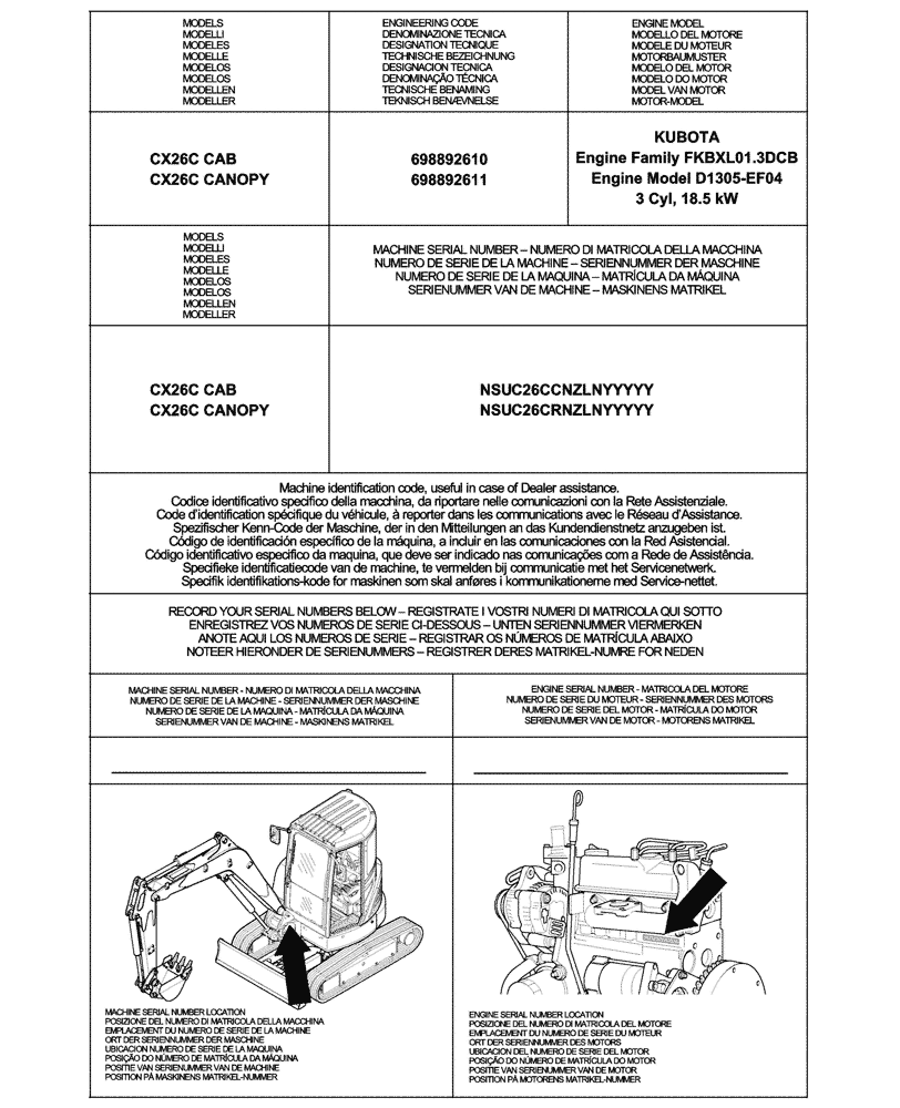 Схема запчастей Case CX26C - (00.100.01) - IDENTIFICATION PLATES AND VERSION LIST (00) - GENERAL & PICTORIAL INDEX