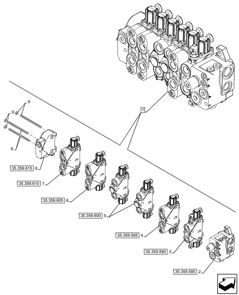 Схема запчастей Case 590SN - (35.359.580) - 6-SPOOL, BACKHOE CONTROL VALVE, STANDARD DIPPER, W/ PILOT CONTROLS, COMPONENTS (35) - HYDRAULIC SYSTEMS