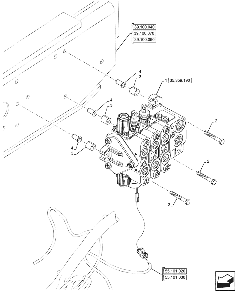 Схема запчастей Case 590SN - (35.359.185) - LOADER, CONTROL VALVE, PILOT CONTROLS, 3-SPOOL, MOUNTING (35) - HYDRAULIC SYSTEMS