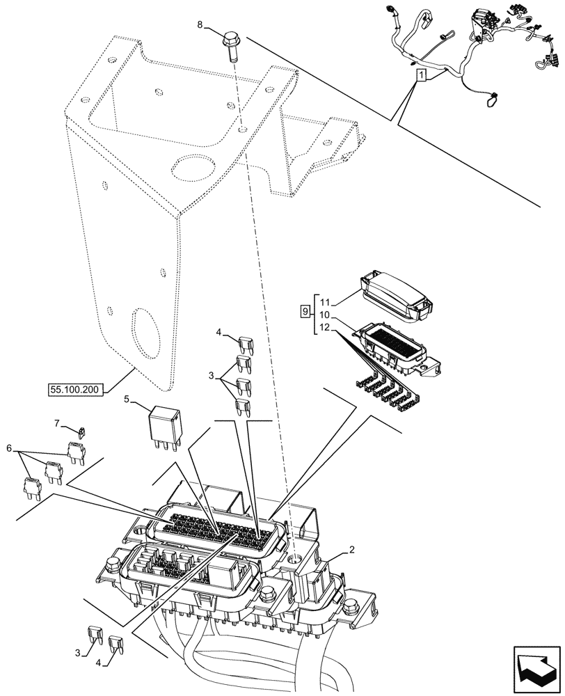 Схема запчастей Case 580N - (55.100.210) - SEMI-POWERSHIFT, TRANSMISSION, SIDE CONSOLE, HARNESS, W/ OPTION, RELAY, FUSE BOX (55) - ELECTRICAL SYSTEMS